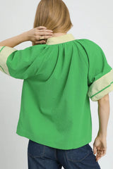 Contrast Trim Notched Puff Sleeve Blouse Umgee