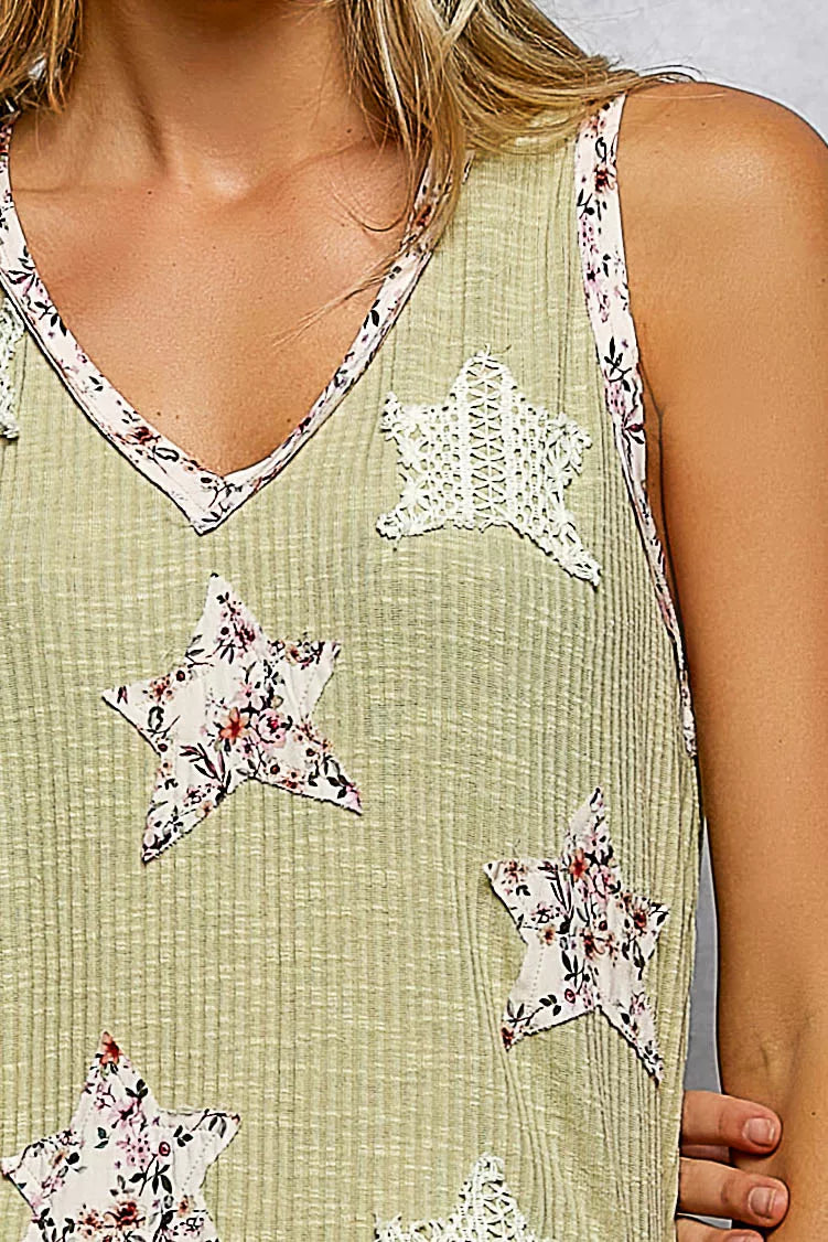 Floral Print Star Patch V-Neck Ribbed Tank POL
