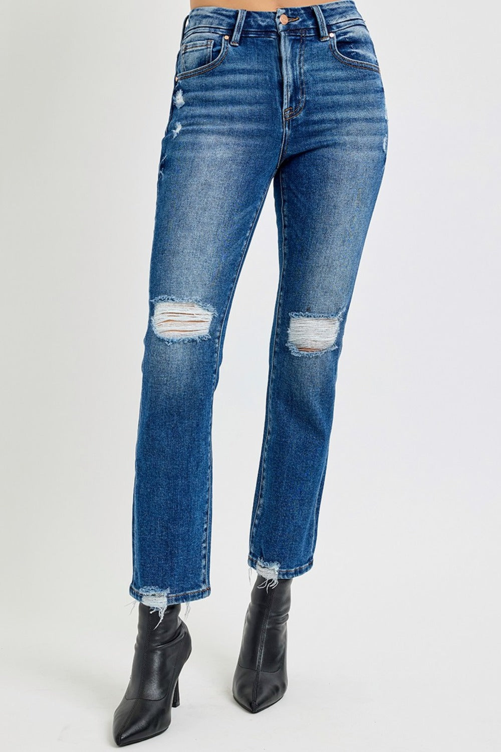 High Rise Distressed Crop Straight Jeans Risen   