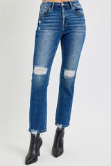 High Rise Distressed Crop Straight Jeans Risen   