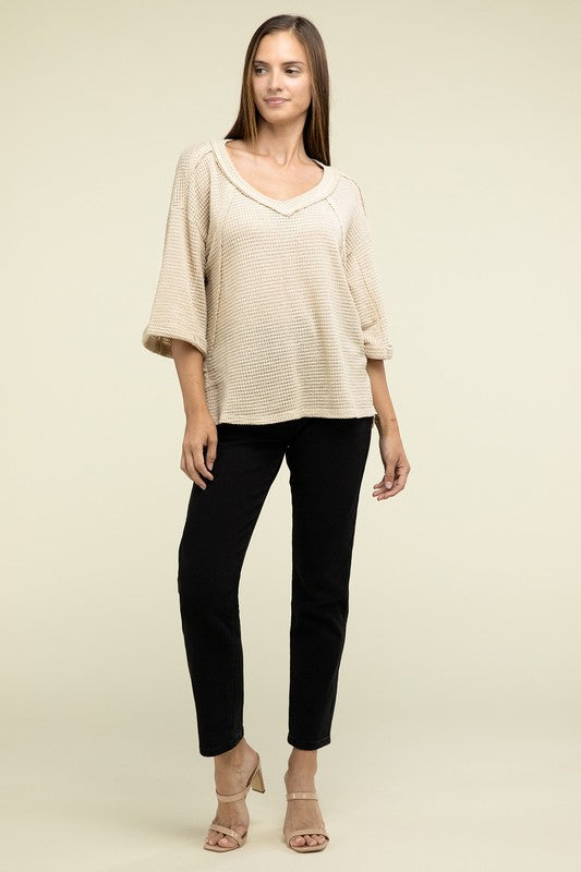 Brushed Waffle Relaxed 3/4 Sleeve Top ZENANA   