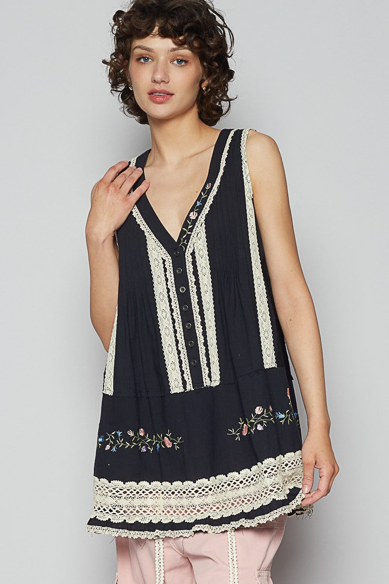 Embroidered Lace Detail V-Neck Sleeveless Top POL Black S