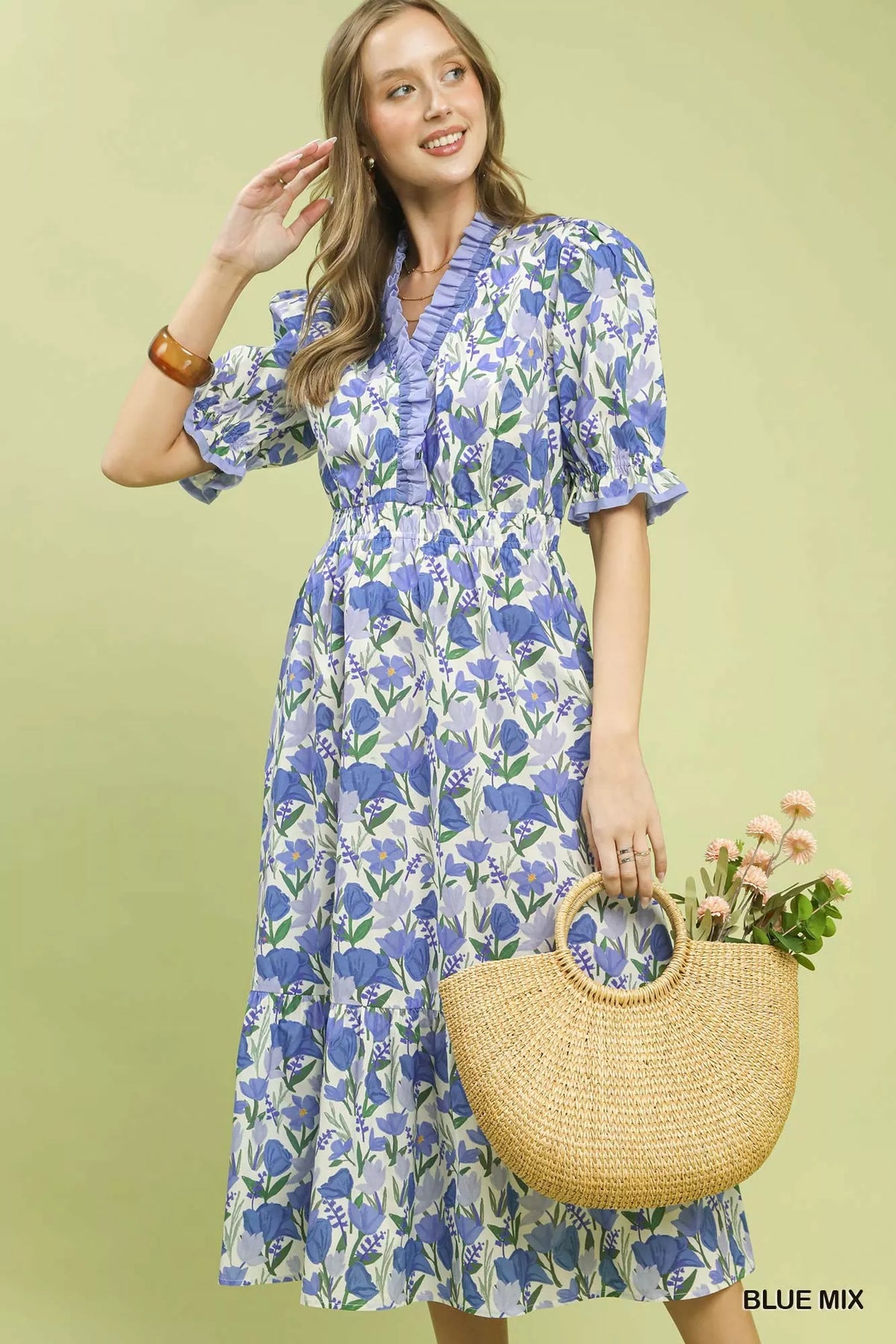 Floral Ruffle Trim Tiered Midi Dress Umgee BLUE MIX S