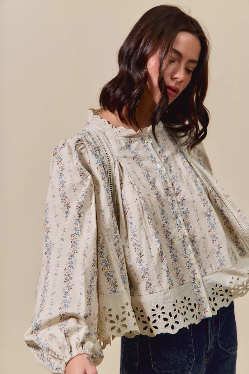 Floral Print Lace Button Down Shirt So Me