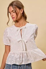 Cotton Eyelet Front Tie Short Sleeves Blouse So Me WHITE S