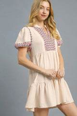 Floral Trim Puff Sleeve Mini Dress Umgee
