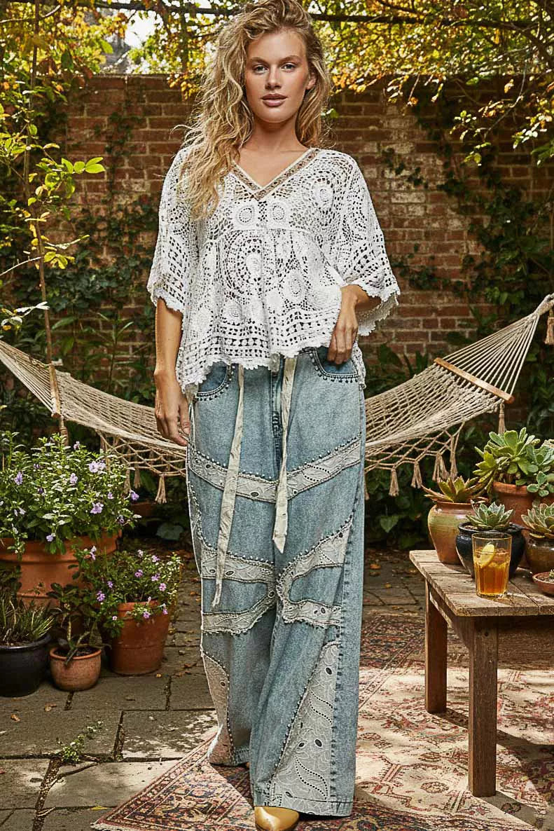 V-Neck Crochet Top with Scalloped Hem POL