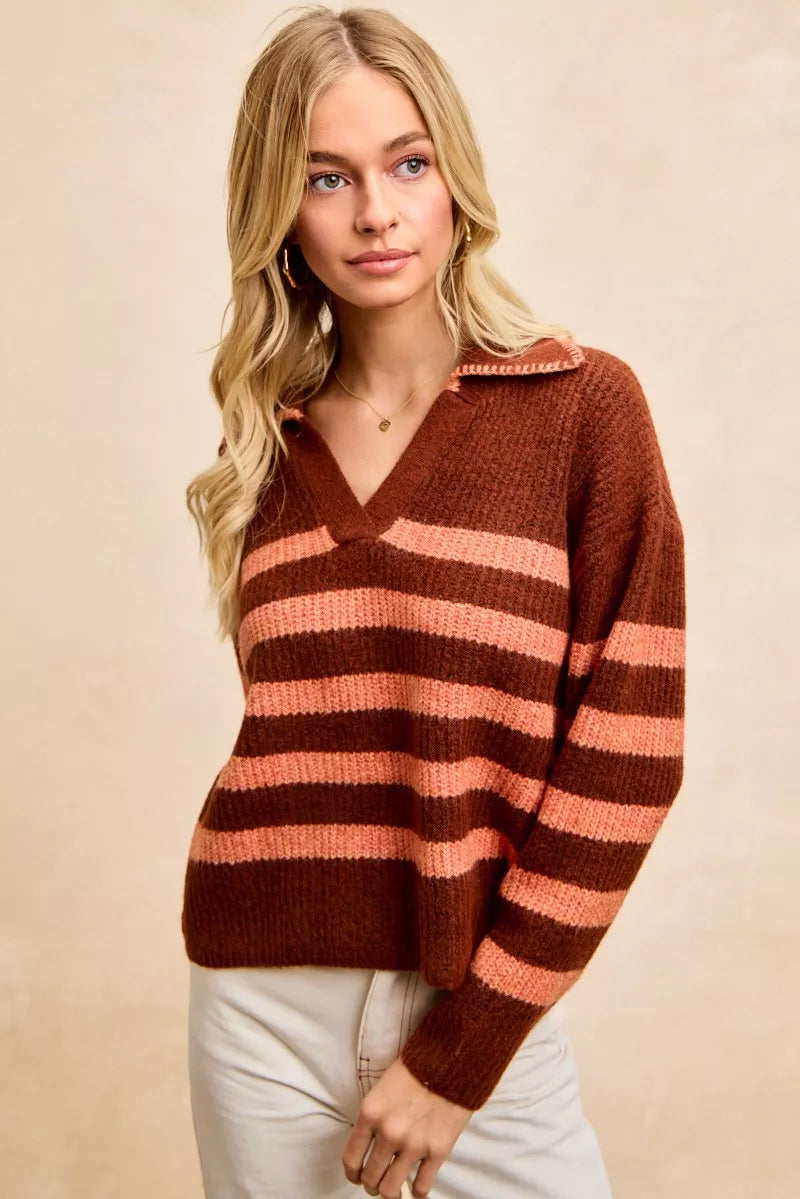 Striped Sweater Top with Collar Stitched Details BiBi