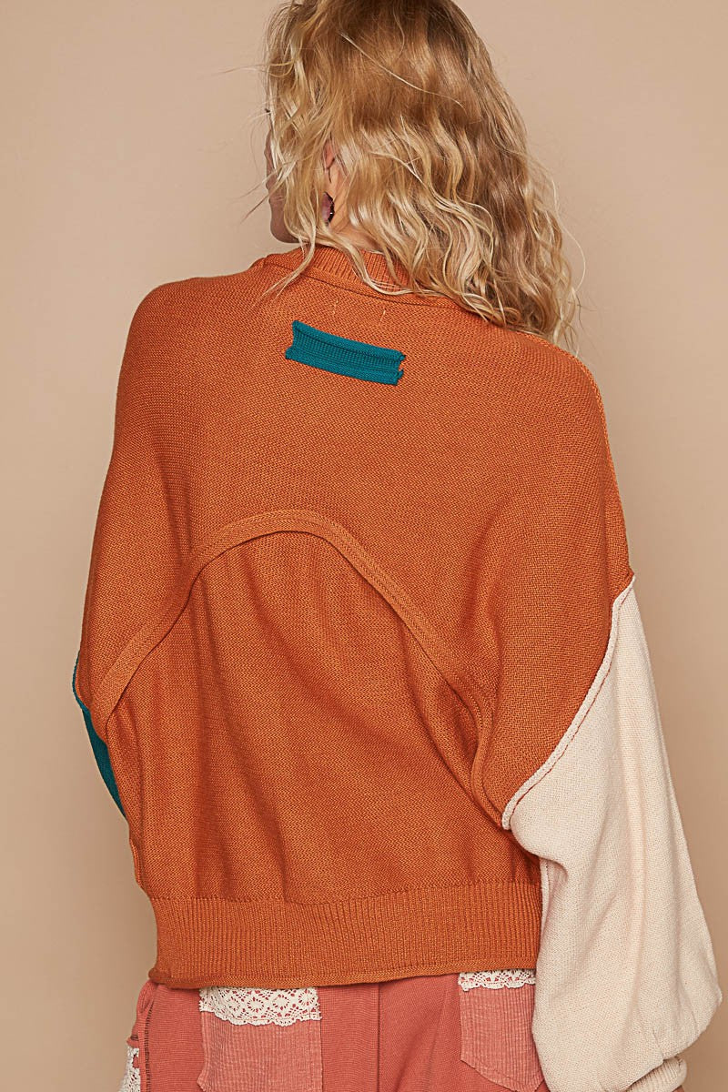 Color Block Roll Hem Hacci Sweater POL   