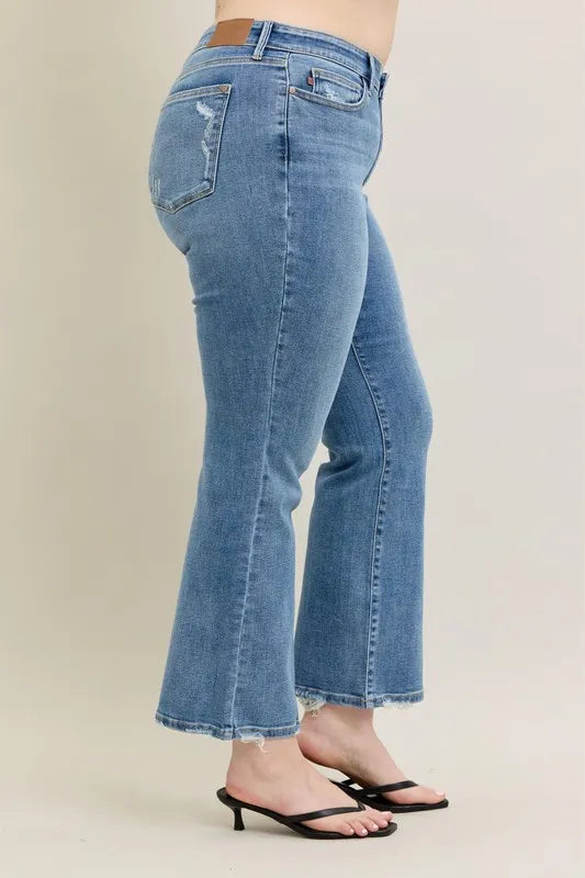 Mid Rise Wash Destroy Hem Bootcut Jeans With Plus Size Judy Blue