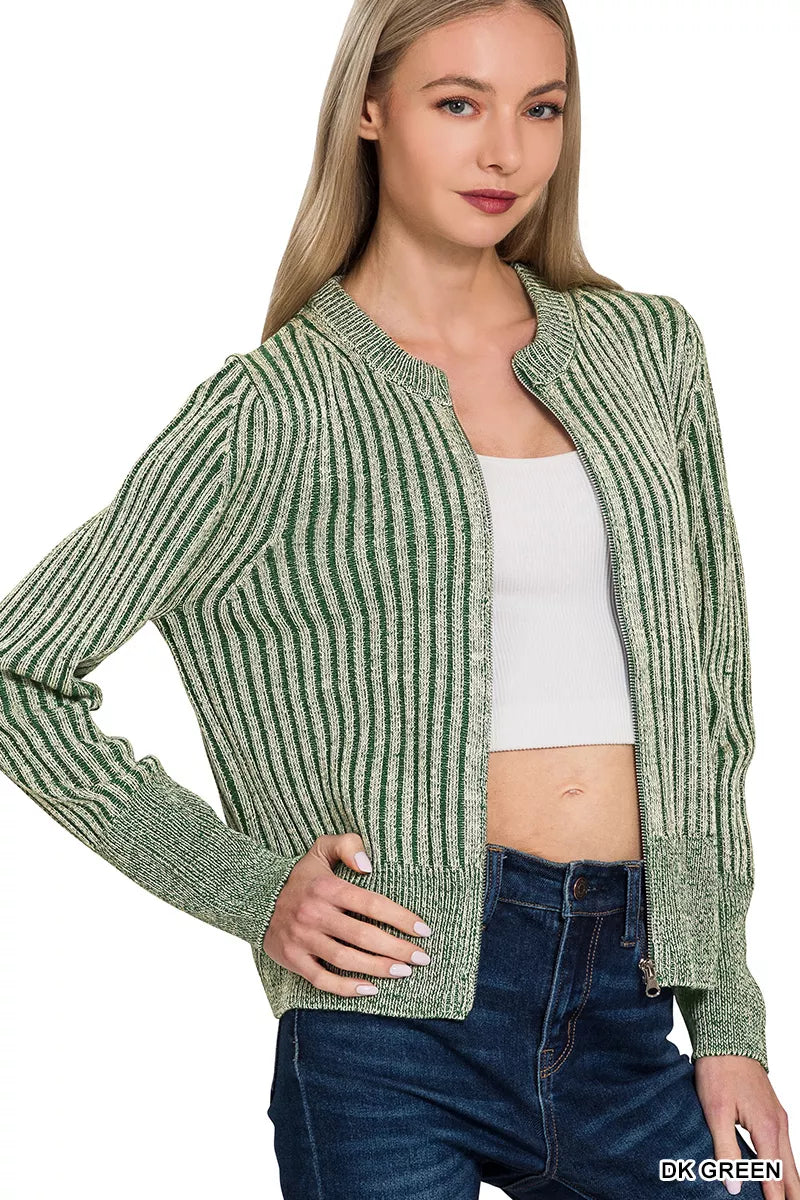 Ribbed Two Tone Zip Up Sweater Cardigan ZENANA