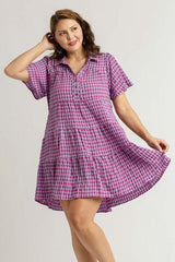 Gingham Tiered Button Detail Short Sleeve Dress Umgee