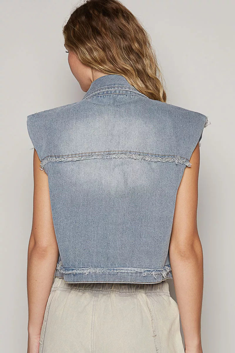 Assymetrical Front Closure Raw Hem Denim Vest POL