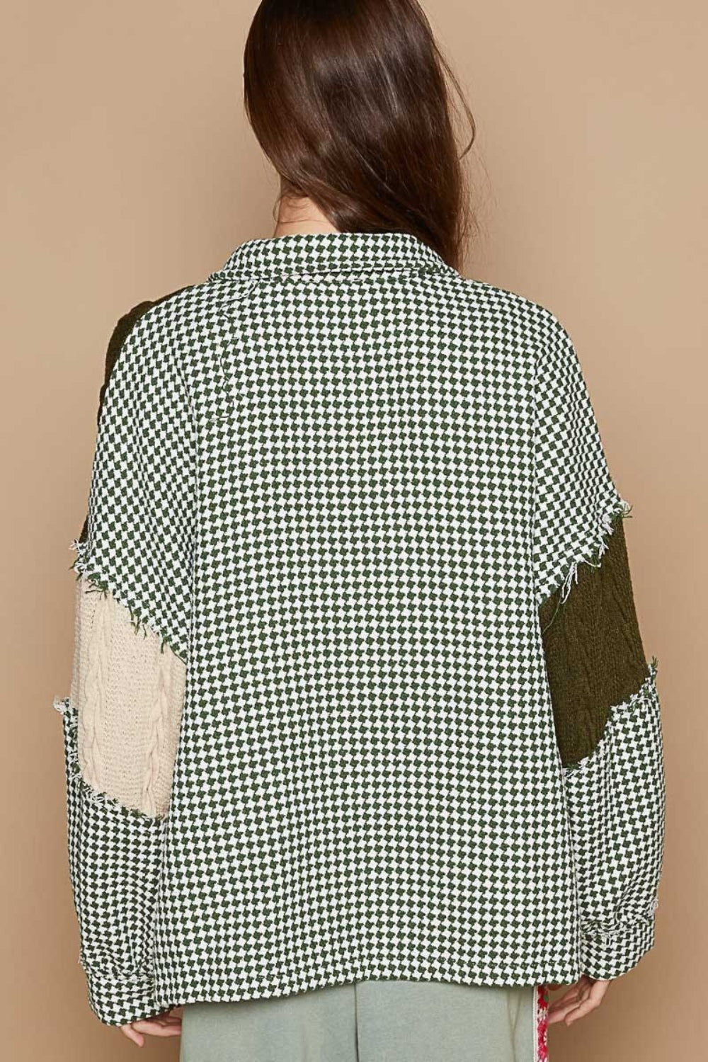 Houndstooth Contrast Cable Knit Pocket Shacket POL   