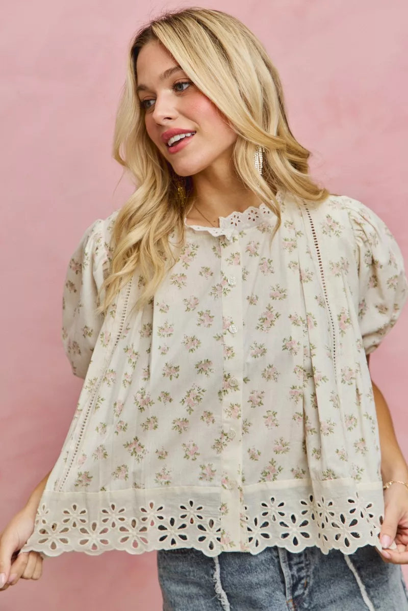 Floral Print Lace Trim Short Sleeves Blouse So Me