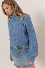 Cable-Knit Mock Neck Dropped Shoulder Sweater HYFVE   