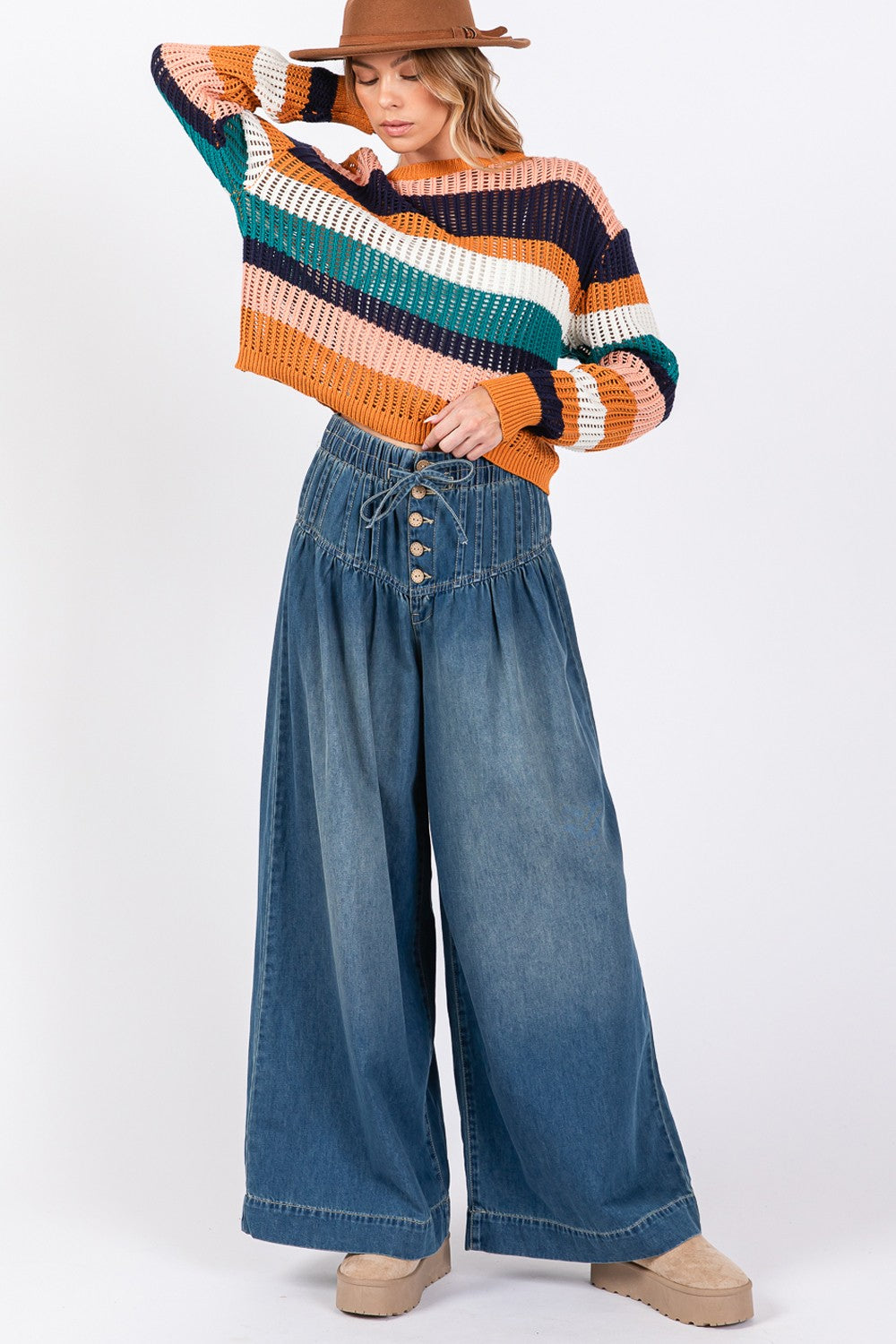 Smocked Waist Band Wide Leg Jeans Sage + Fig   