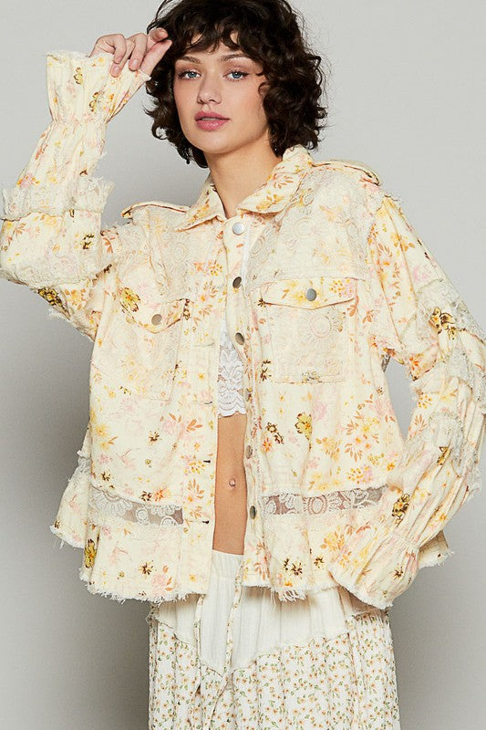 Raw Hem Lace Patch Flounce Sleeve Jacket POL