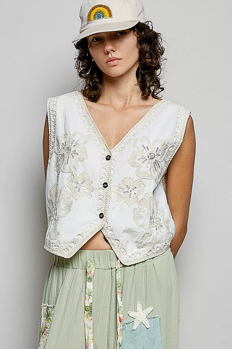 Embroidered Floral V-Neck Button Down Crochet Vest POL