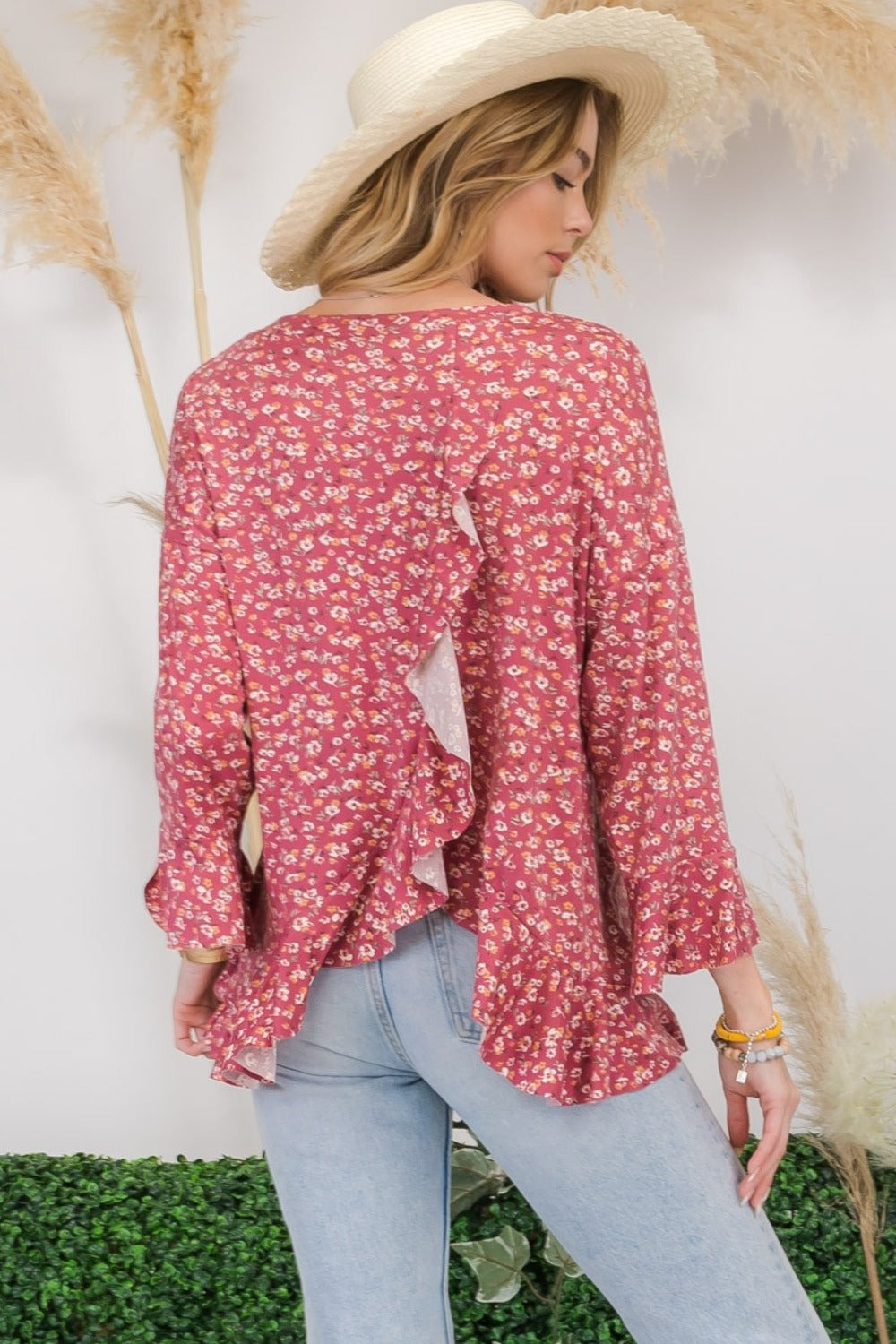 Long Sleeve Floral Ruffle Detail Tiered Top Celeste   