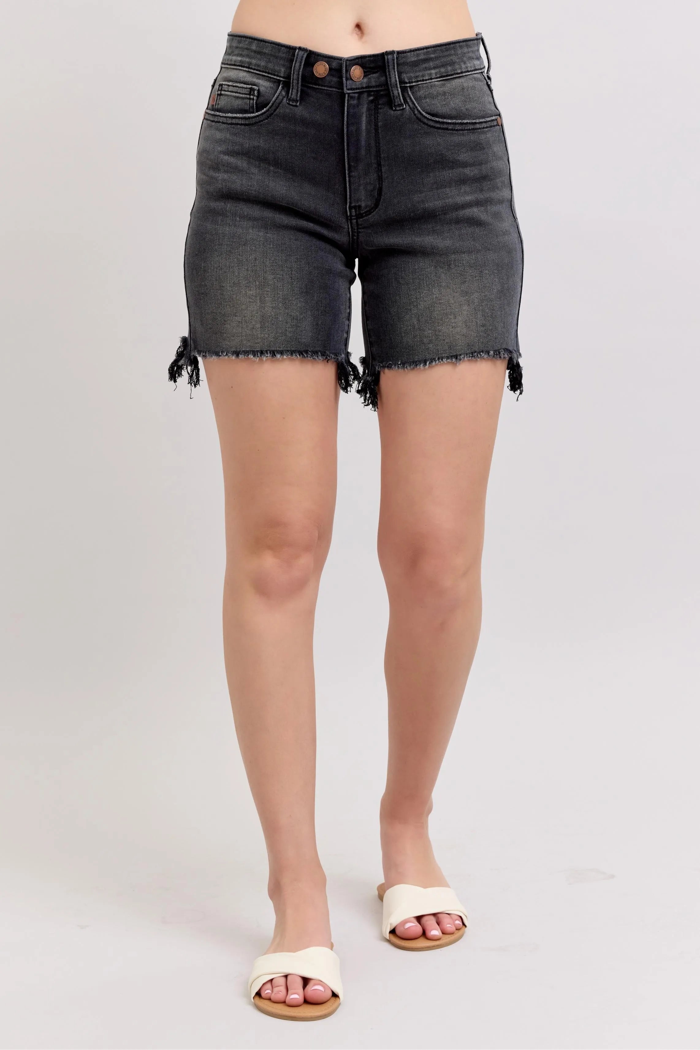 Long Cut Off 2 Button Dad Denim Shorts With Plus Size Judy Blue
