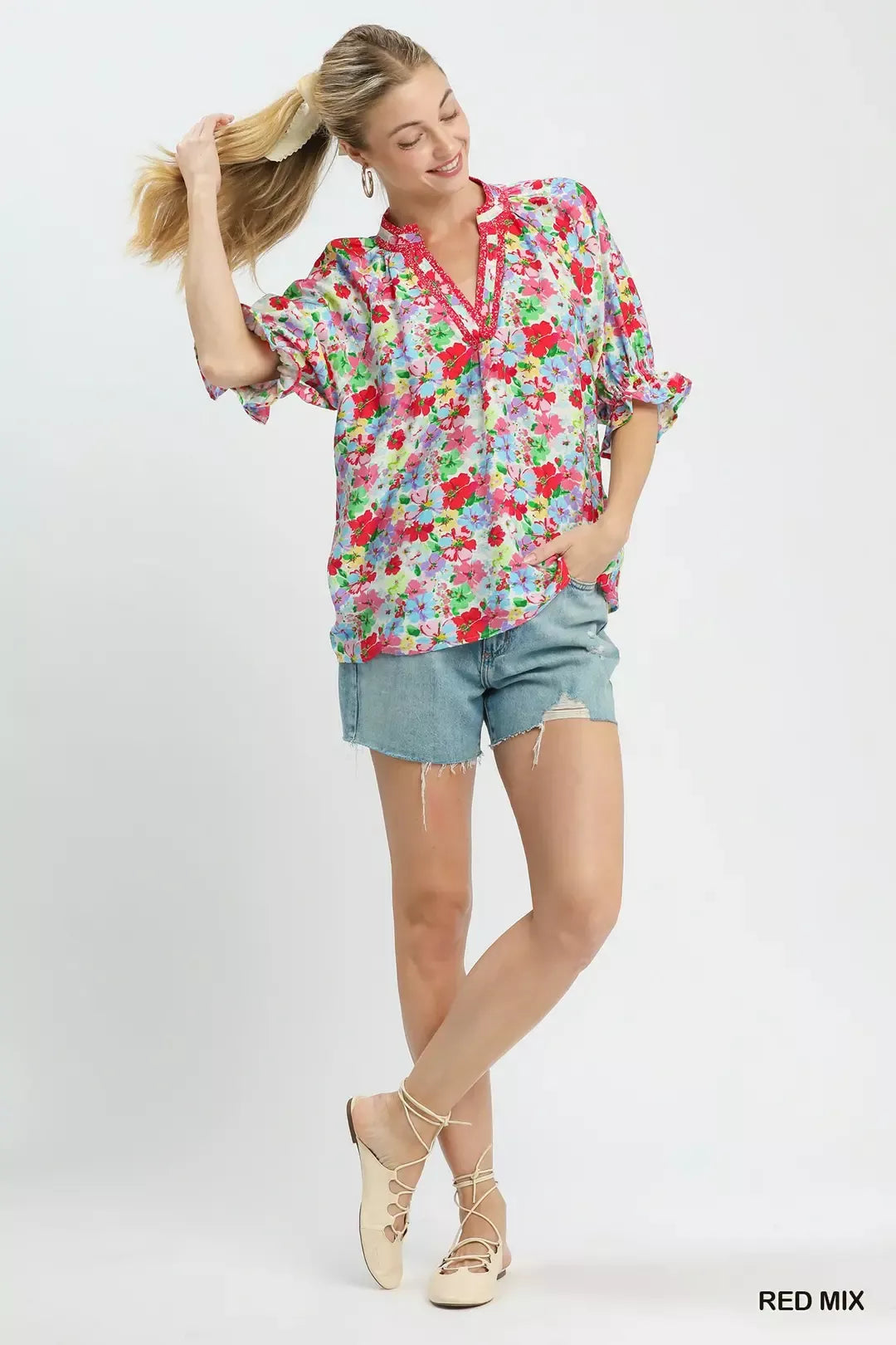 Mix Floral Print Ruffle Top Umgee