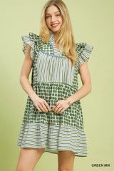 Simmer & Fay Umgee green mix patchwork flutter sleeve tiered dress with striped and geometric print