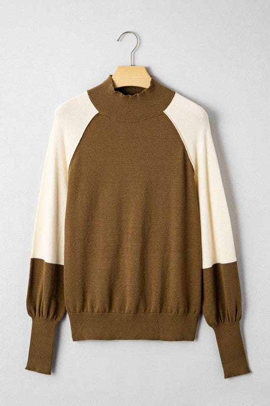 Colorblock Raglan Puff Sleeve Mock Neck Sweater JUNIPER BLVD