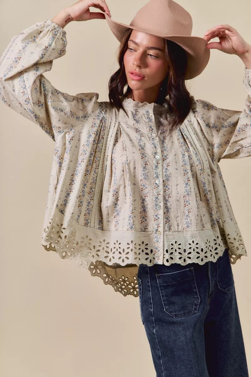 Floral Print Lace Button Down Shirt So Me