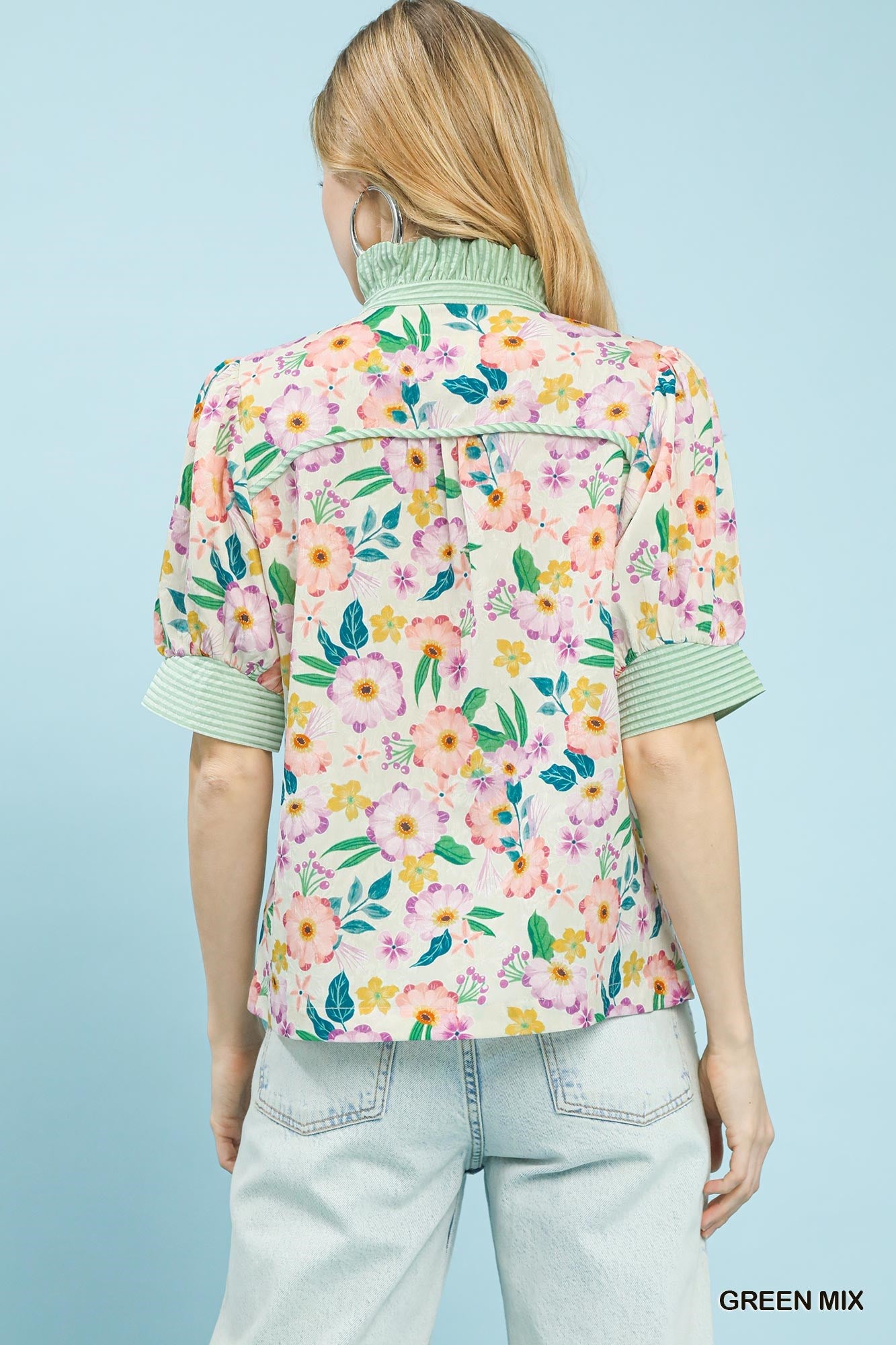 Floral Print Jacquard Ruffle Top Umgee