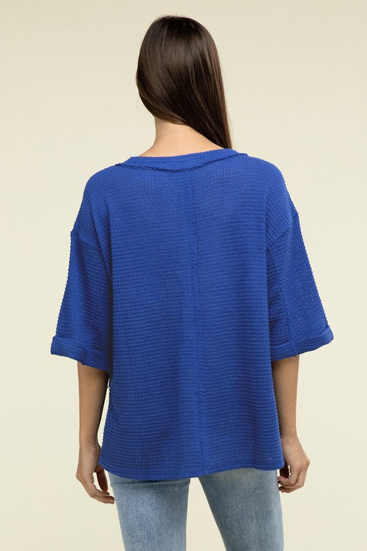 Brushed Waffle Relaxed 3/4 Sleeve Top ZENANA   