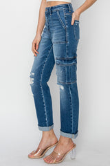 High Rise Cargo Ankle Roll Up Straight Jeans Risen   