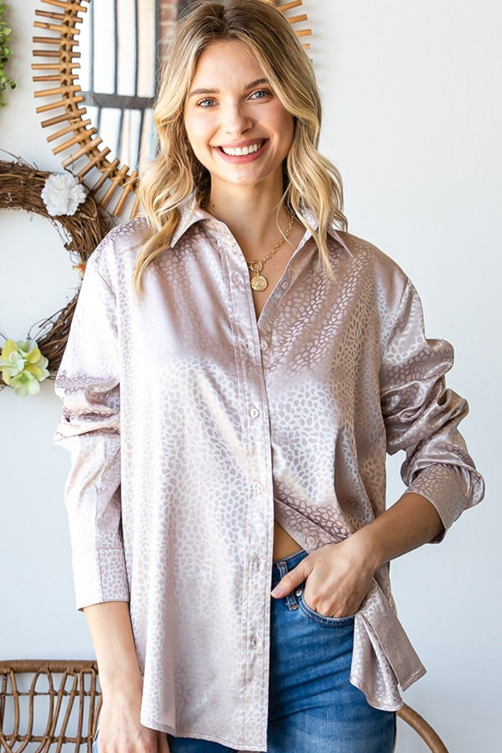 Ditsy Dot Button Down Collared Satin Shirt First Love Sand S 