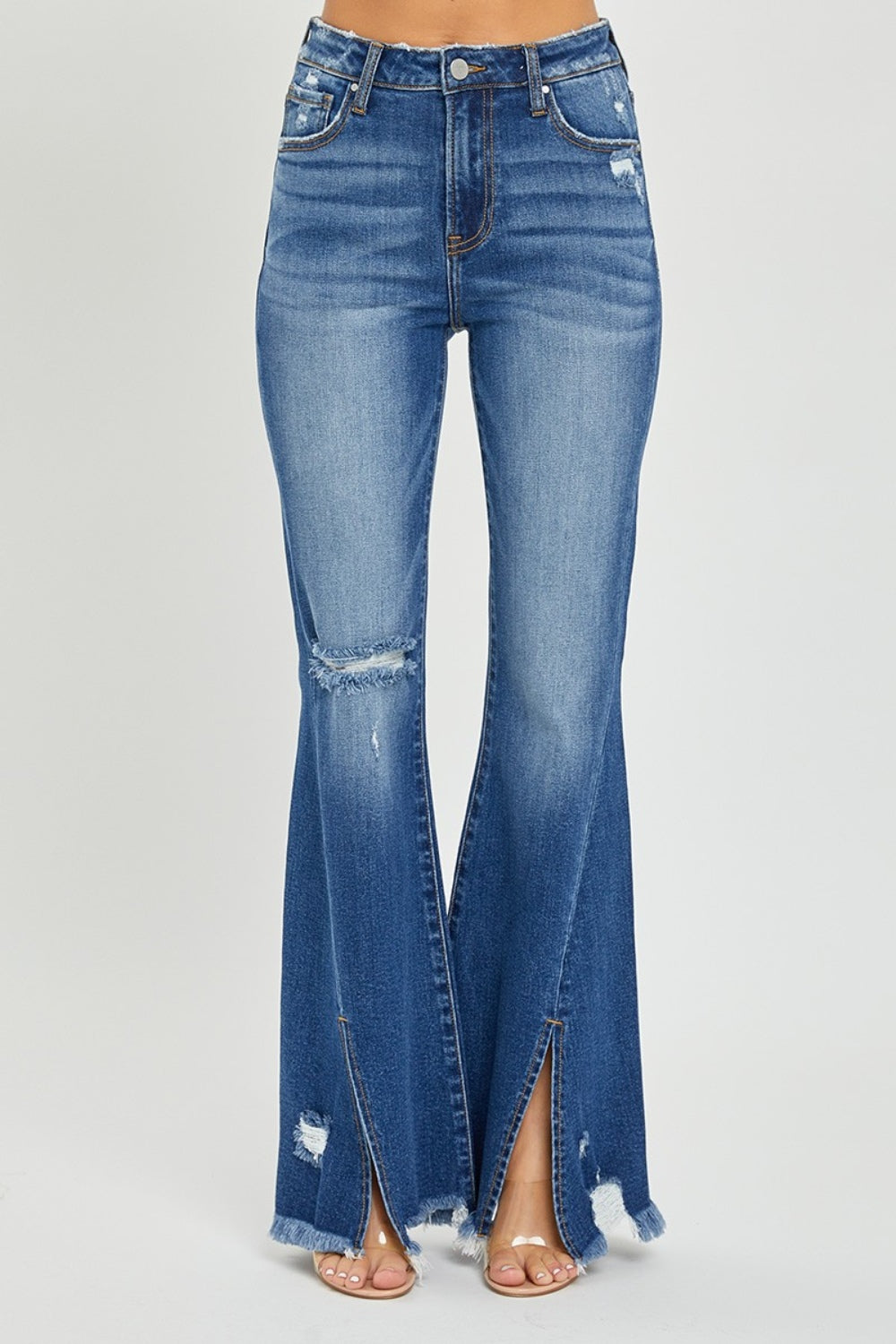 Full Size High Rise Front Slit Frayed Hem Flare Jeans Risen   