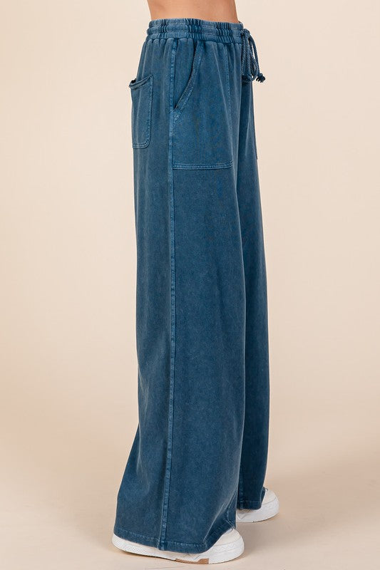 Mineral Wash French Terry Drawstring Wide Leg Pants Mittoshop