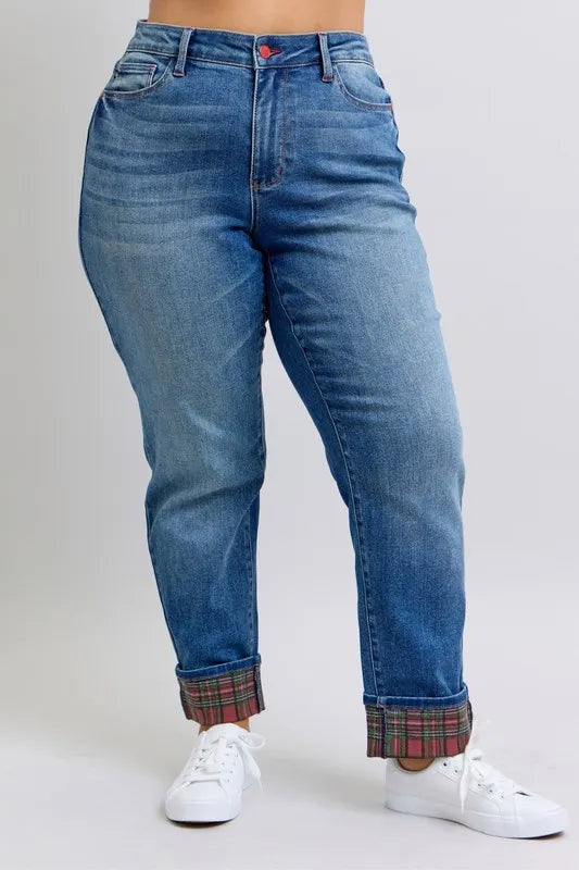 Mr Plaid Print Cuff Boyfriend Jeans with Plus Size Judy Blue