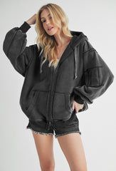 Exposed Seam Zip Up Drawstring Hooded Jacket Aemi + Co Black S 