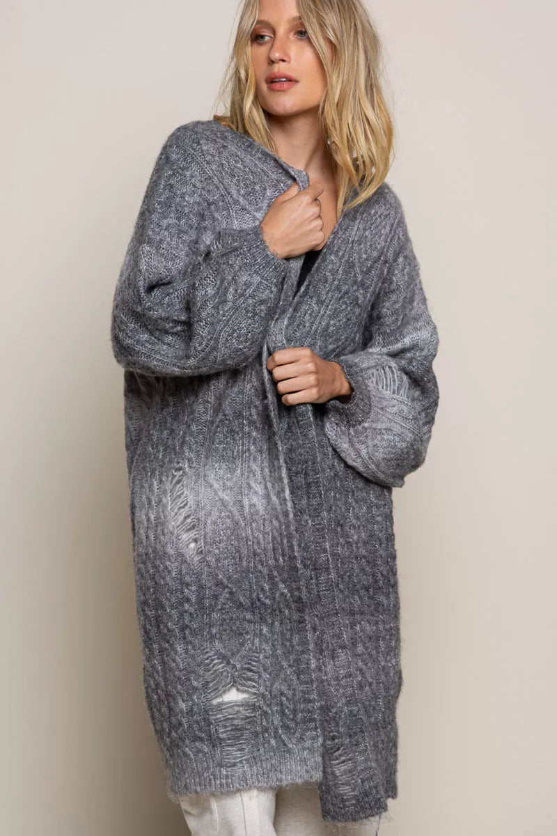 Distressed Cable-Knit Ombre Dying Cardigan POL COOKIES AND CREAM S