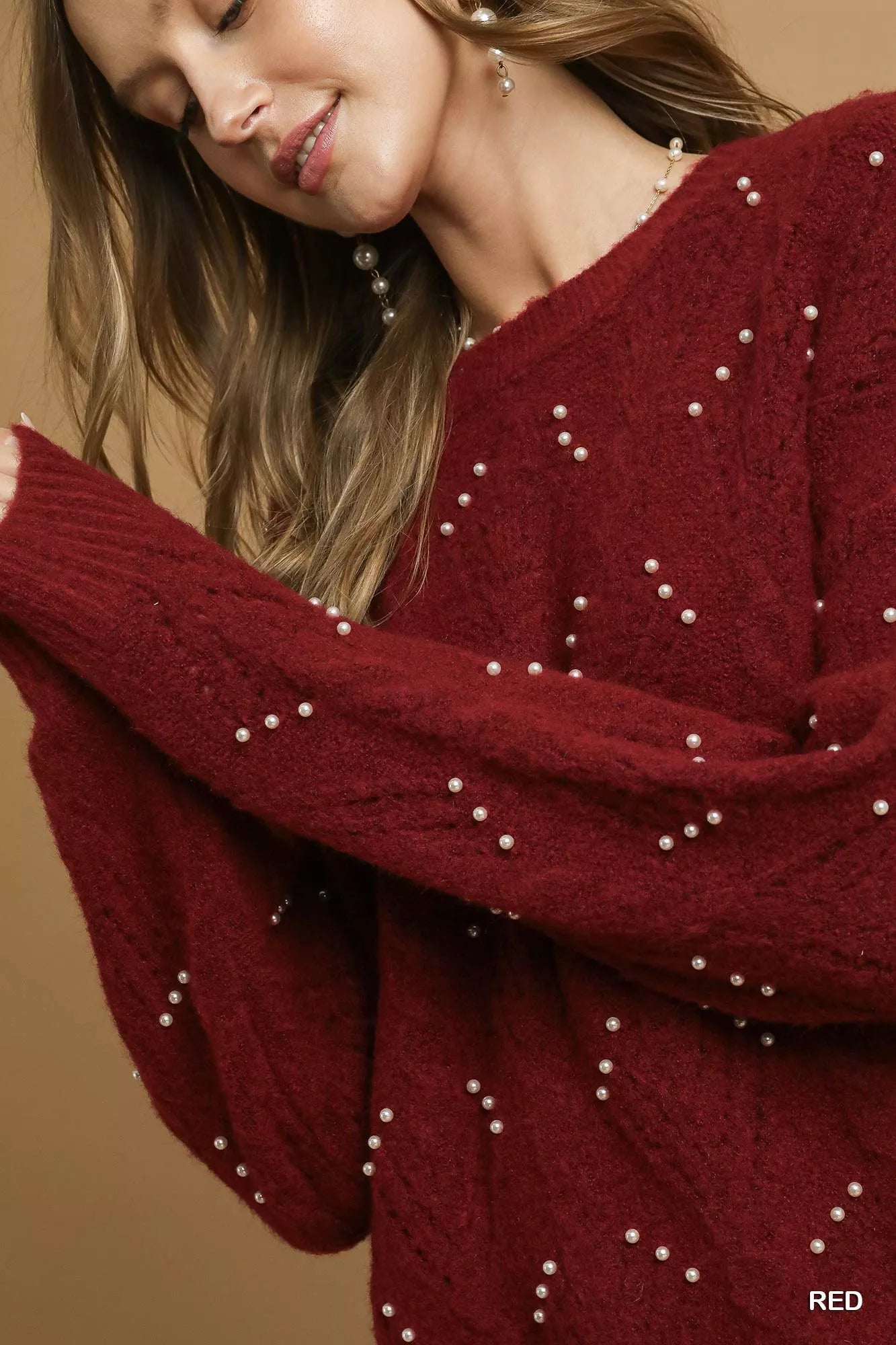 Pearl-Embellished Long Sleeve Sweater Umgee