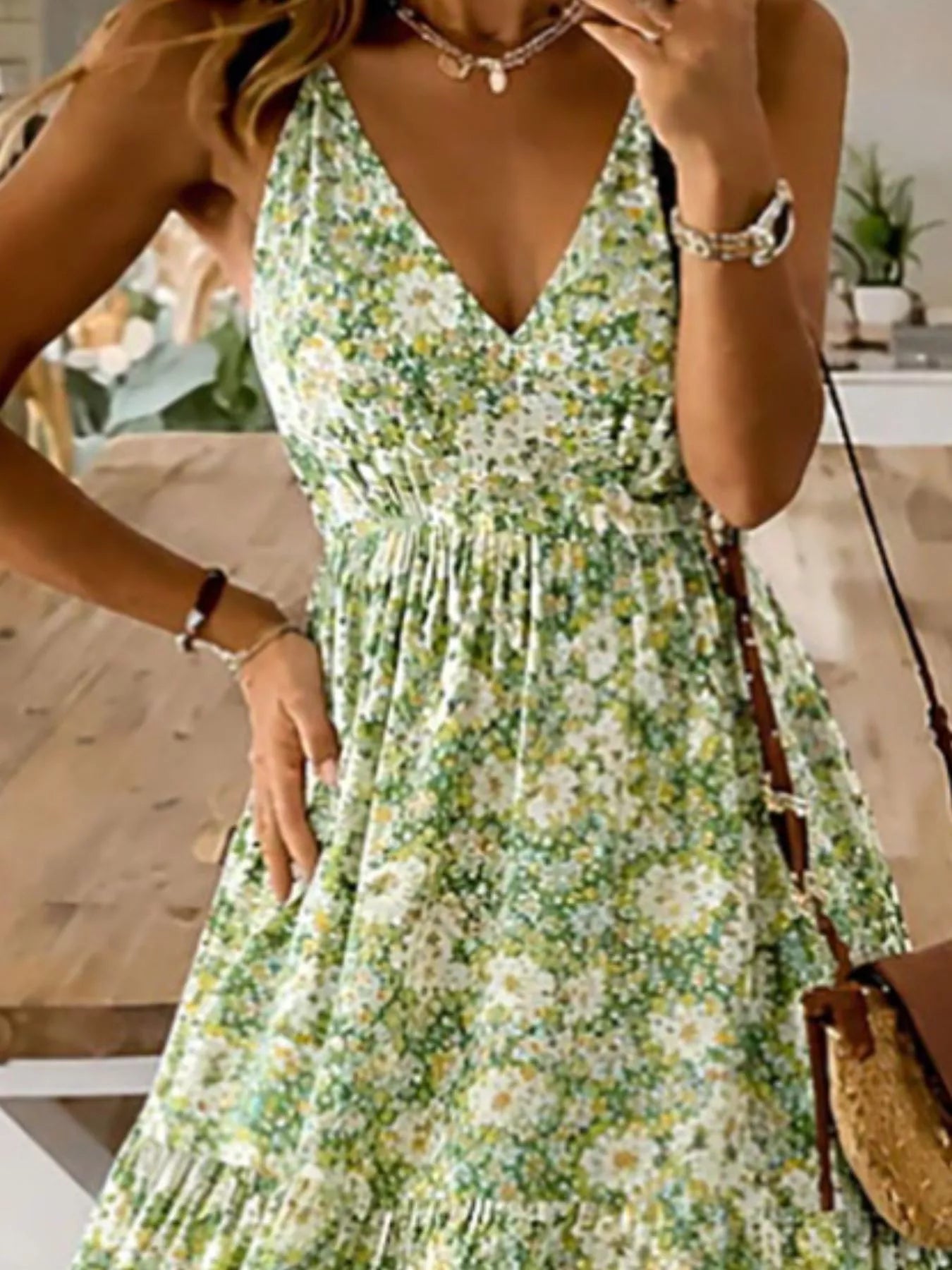 Floral Print Maxi Dress with Spaghetti Straps – Tiered Silhouette Simmer & Fay Yellow-Green S