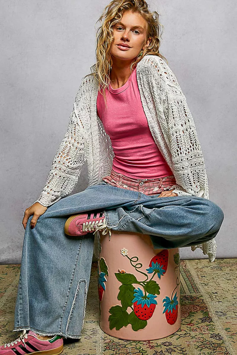 Openwork Lightweight Open Front Cardigan with Scalloped Edge POL