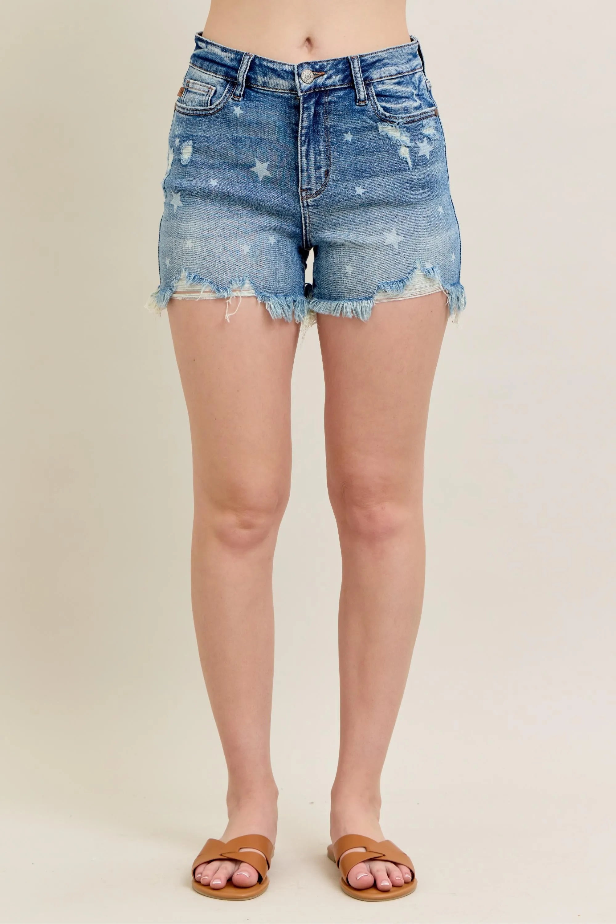 High Waist Star Print Cut Off Destroy Denim Shorts Judy Blue