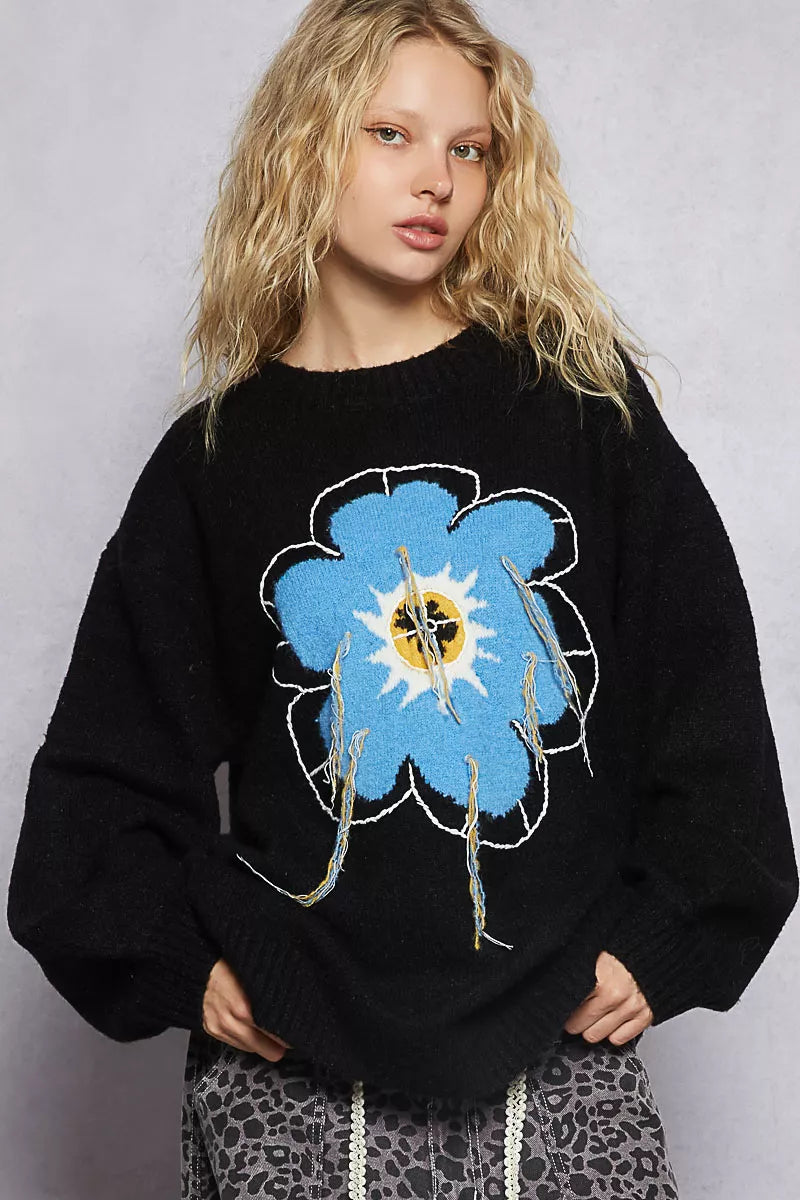 Floral Pattern Round Neck Sweater with Exposed Stitching POL