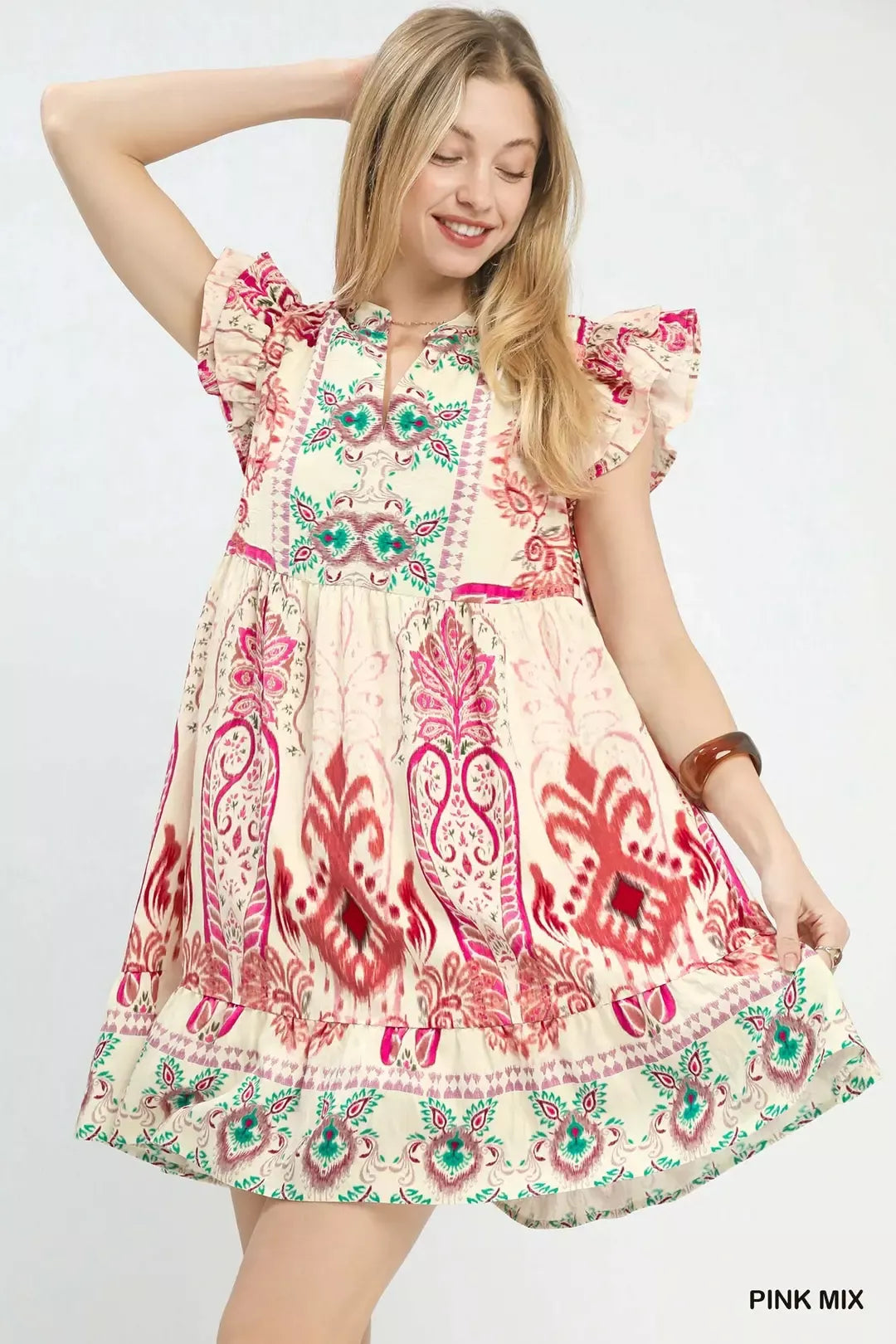 Simmer & Fay Umgee Pink Mix ruffle sleeve boho print dress with tiered skirt and flutter sleeves