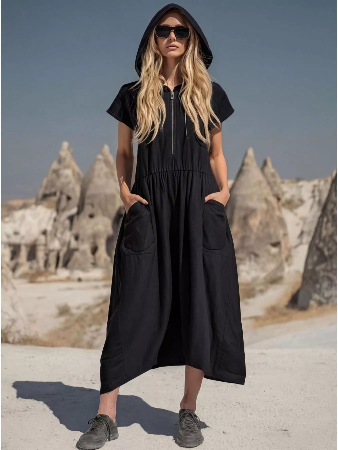 Hooded Midi Dress with Half‑Zip & Pockets – Relaxed Fit (Regular + Plus) Simmer & Fay Black S
