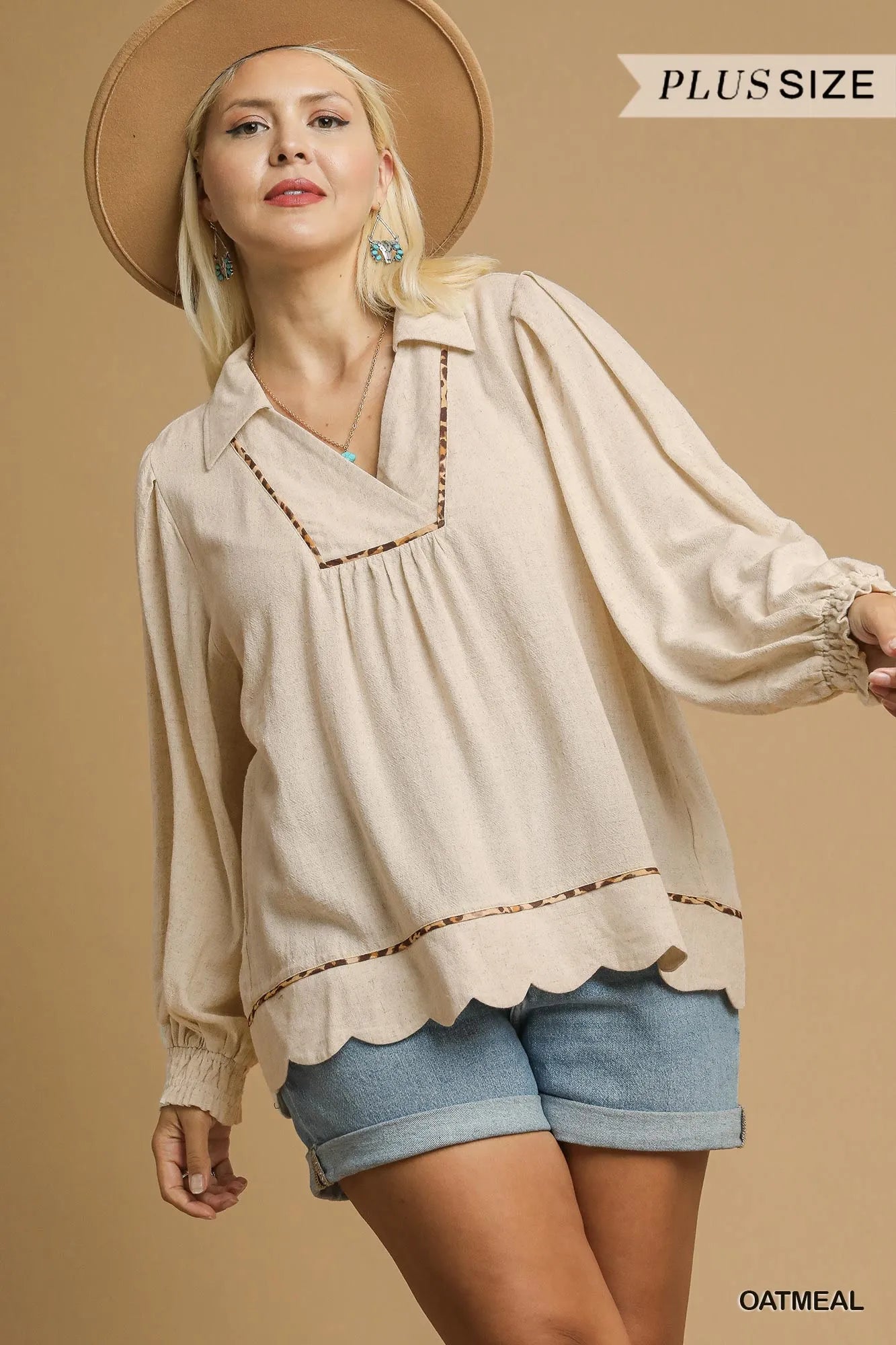 Linen Scallop Hem Blouse with Contrast Trim with Plus Size Umgee
