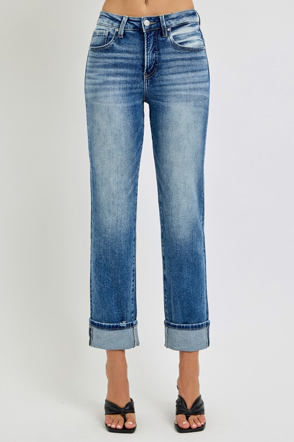 High Rise Crop Straight Roll Up Jeans Risen   