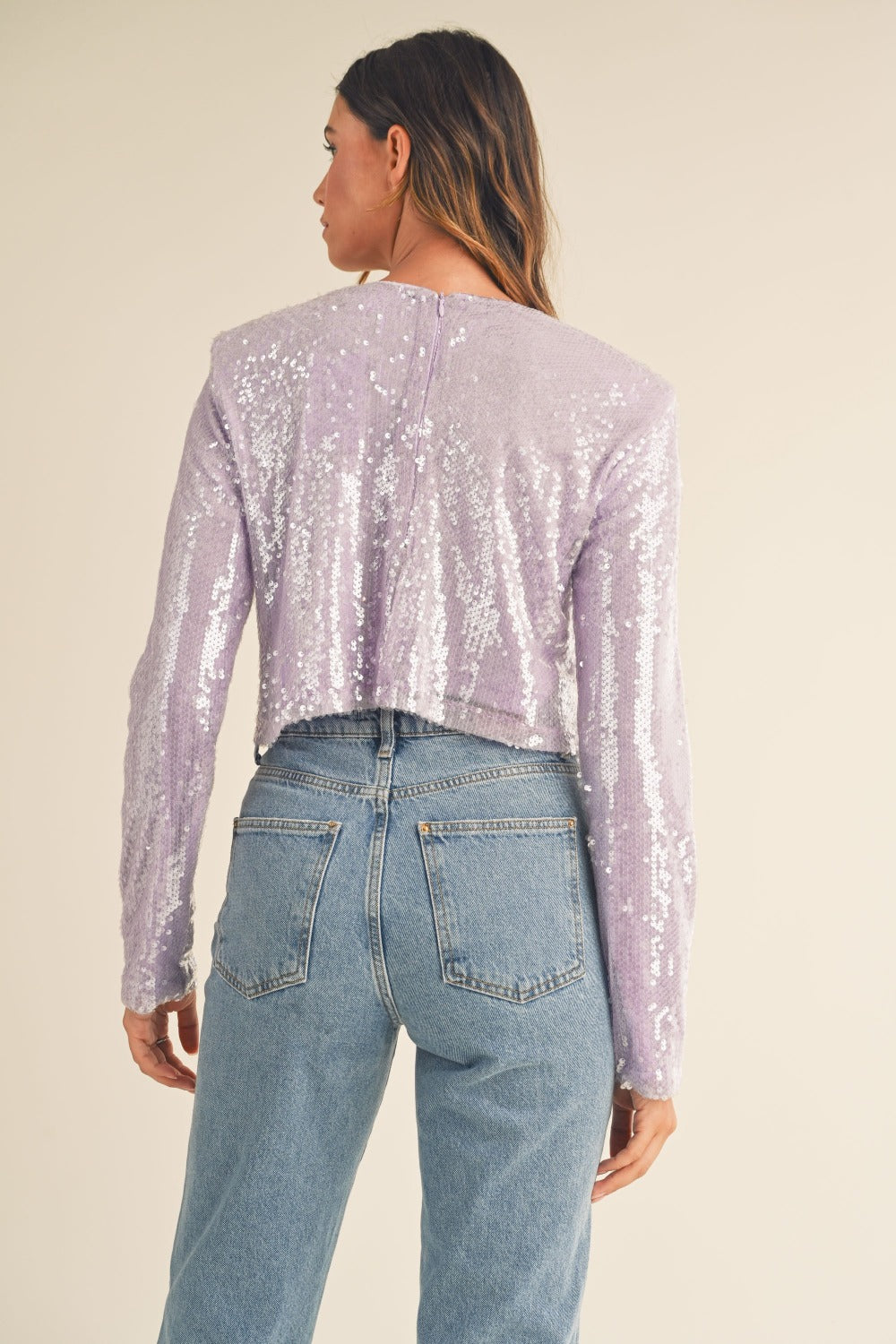 Shoulder Padded Sequin Crop Long Sleeve Top Mable   