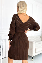 Openwork Long Sleeve Tie Belt Sweater Dress Numoco   