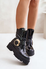 Leather Platform Lace-Up Ankle Boots with Gold Buckle Step in style   